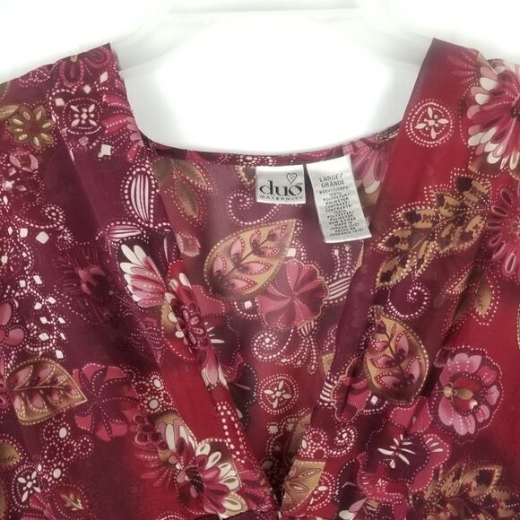DUO MATERNITY SIZE L. 100% POLYESTER. BEAUTIFUL BURGANDY FLORAL W/SATIN LIKE HEM - Picture 3 of 15